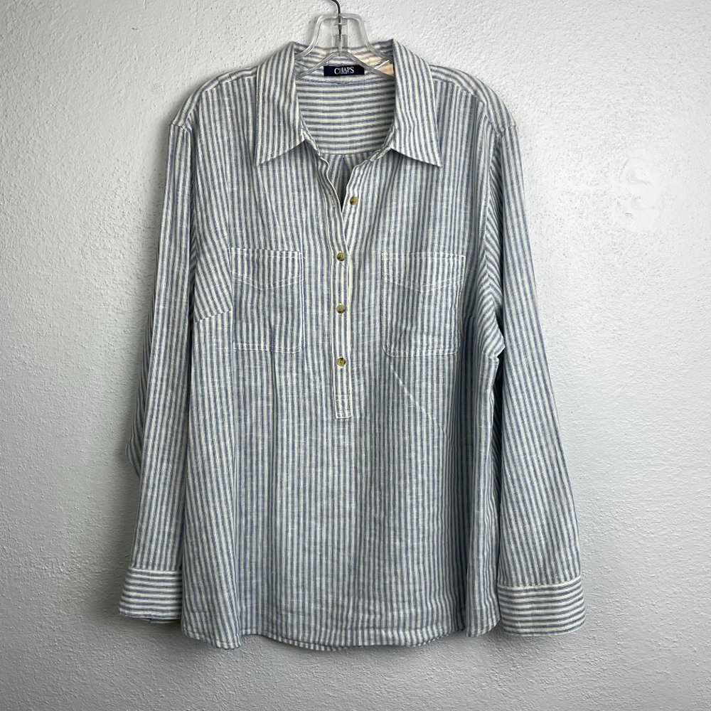 Chaps Women's Blue Striped Long Sleeve Popover
